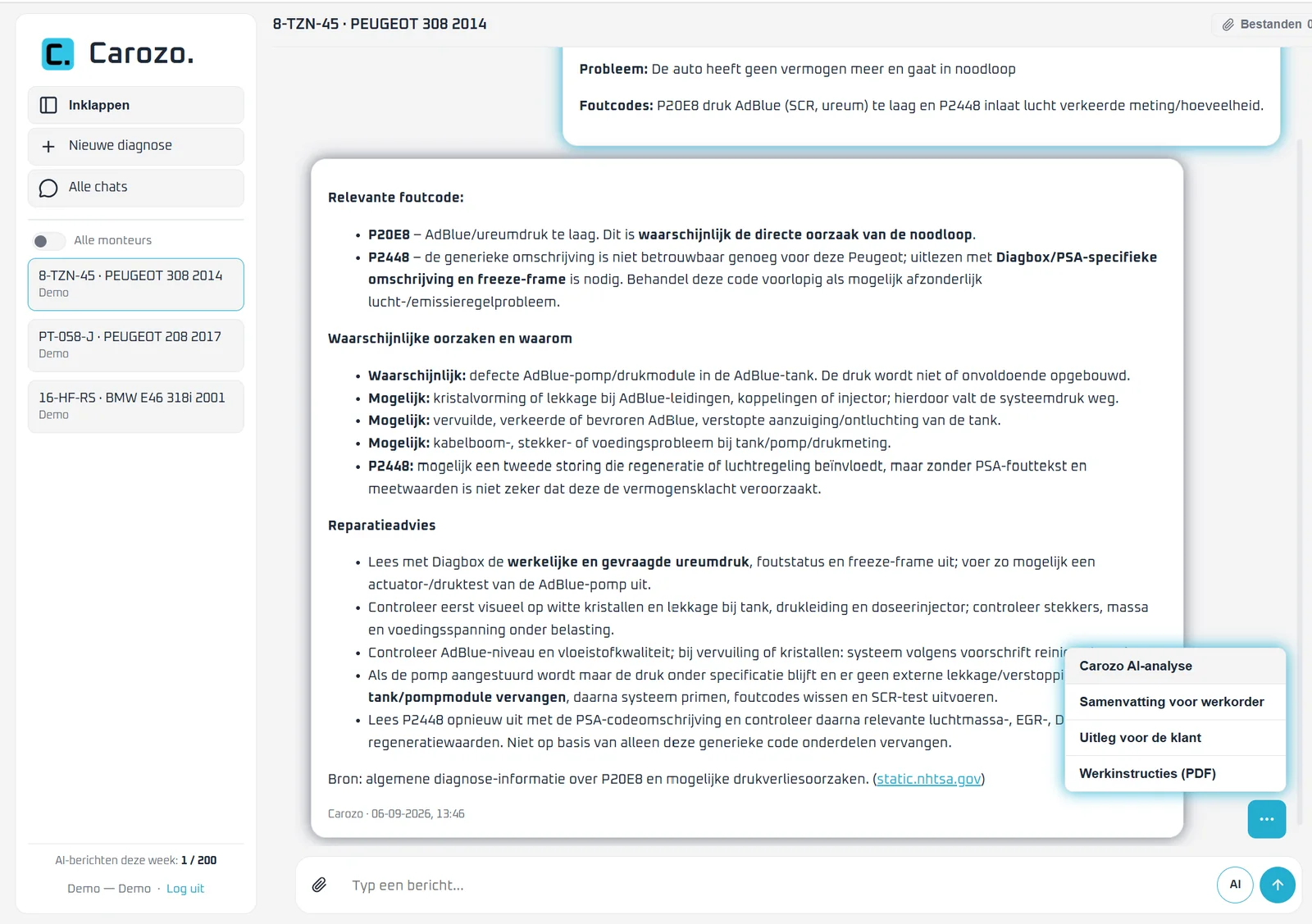 AI-analyse van een foutcode in Carozo met waarschijnlijke oorzaken en reparatieadvies