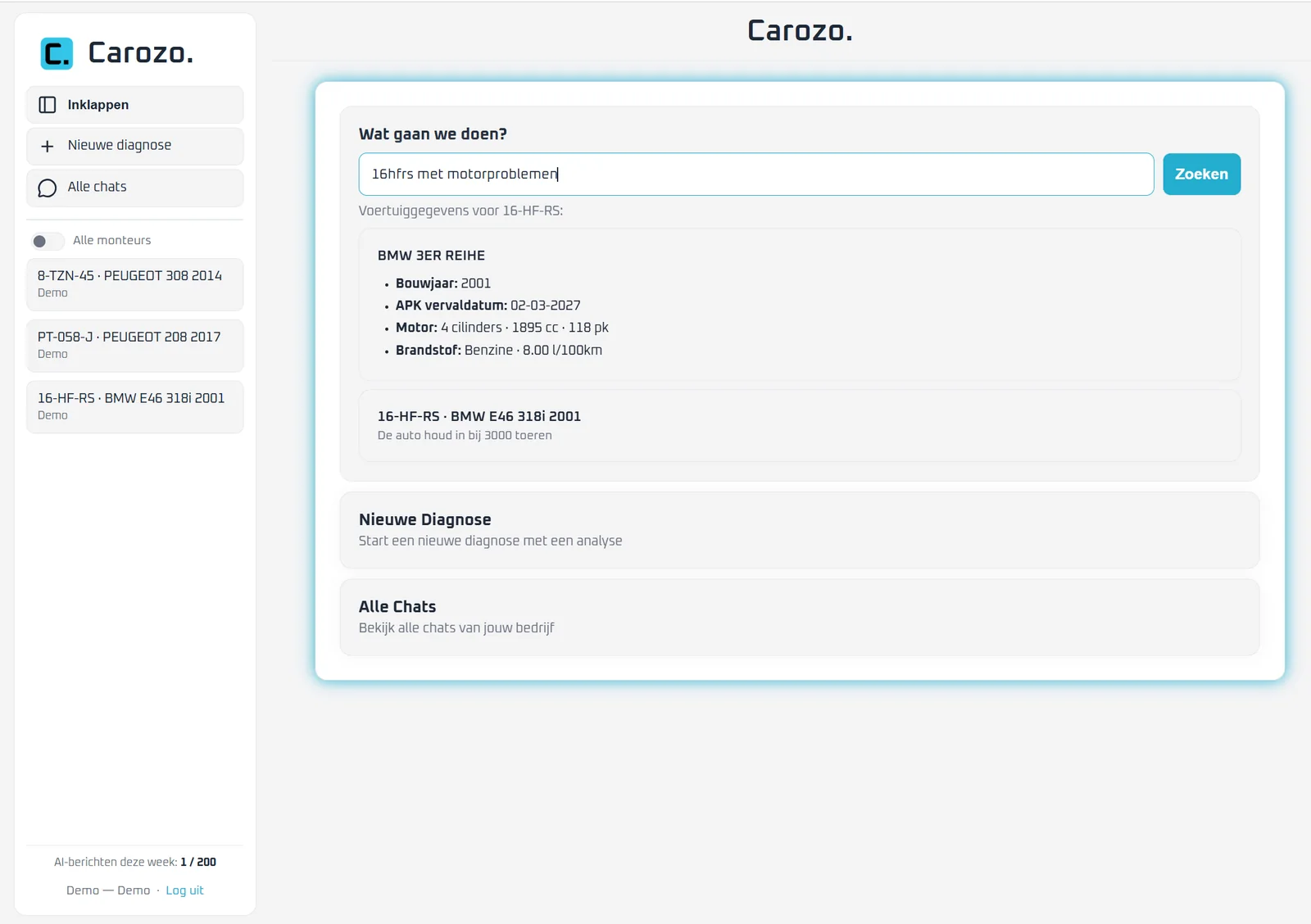 Carozo-dashboard: kenteken opzoeken, voertuiggegevens en snelkoppelingen naar een nieuwe diagnose of alle chats
