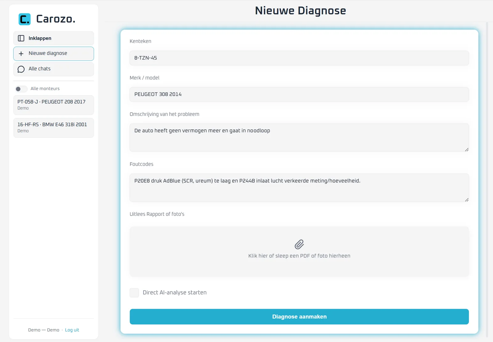Formulier voor een nieuwe diagnose in Carozo met kenteken, merk/model, klacht, foutcodes en bestandsupload